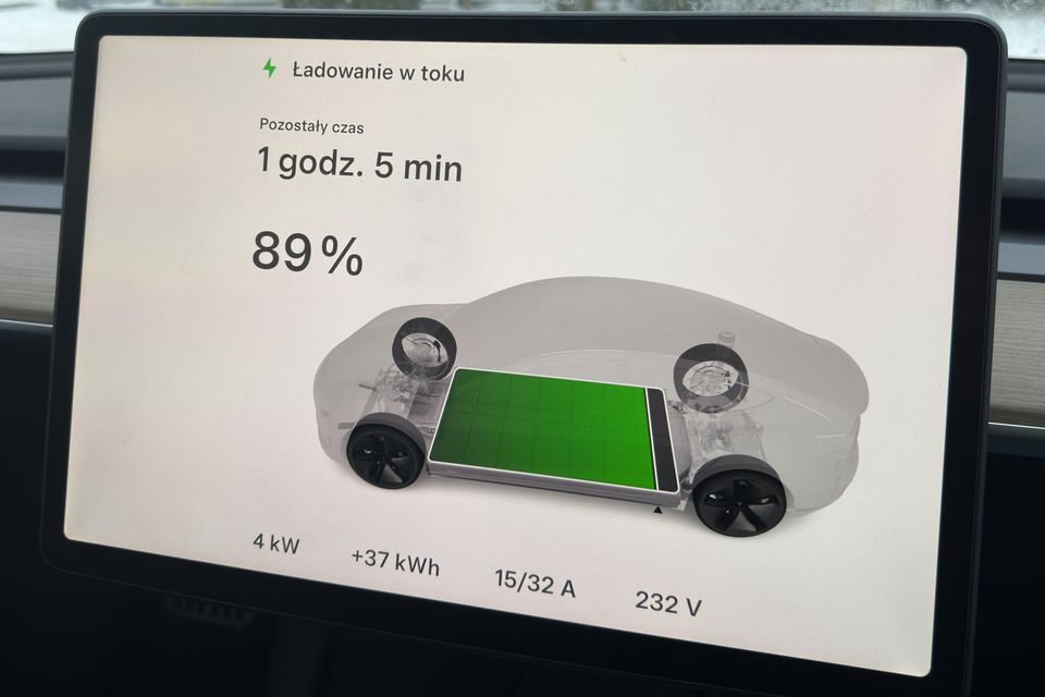 Ekran samochodu elektrycznego podczas ładowania: 89 procent, moc 4 kW, prąd 15 z 32 A, napięcie 232 V.